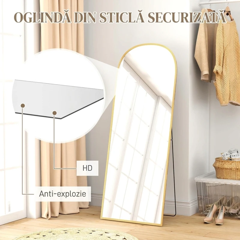 HOMCOM Oglindă Modernă de Podea și Perete din Aliaj de Aluminiu cu Suport Pliabil, 59 x 161,5 cm, Auriu