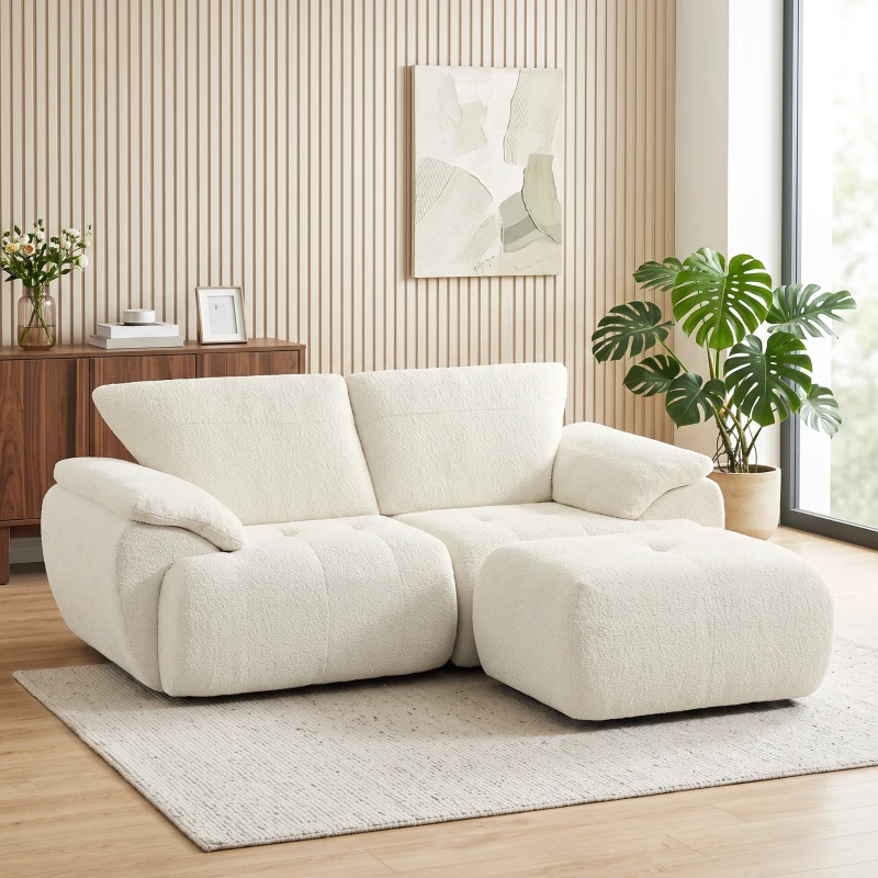 HOMCOM Sofá Modular en L de 2 Plazas con Otomana Reversible Sofá de Chenilla con Asiento Ancho No Requiere Montaje Crema