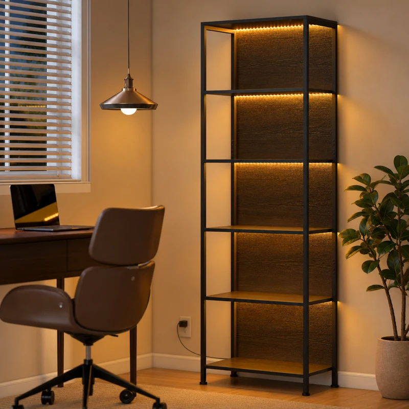 HOMCOM Bibliothèque étagère de rangement à 5 niveaux avec éclairage LED 7 couleurs, structure en acier, 60 x 30 x 179 cm, noir