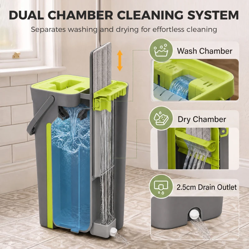 HOMCOM Mop and Bucket Set, Compact Flat Mop System with Wringer, 2 Chambers, 5 Reusable Pads, Dark Grey and Green