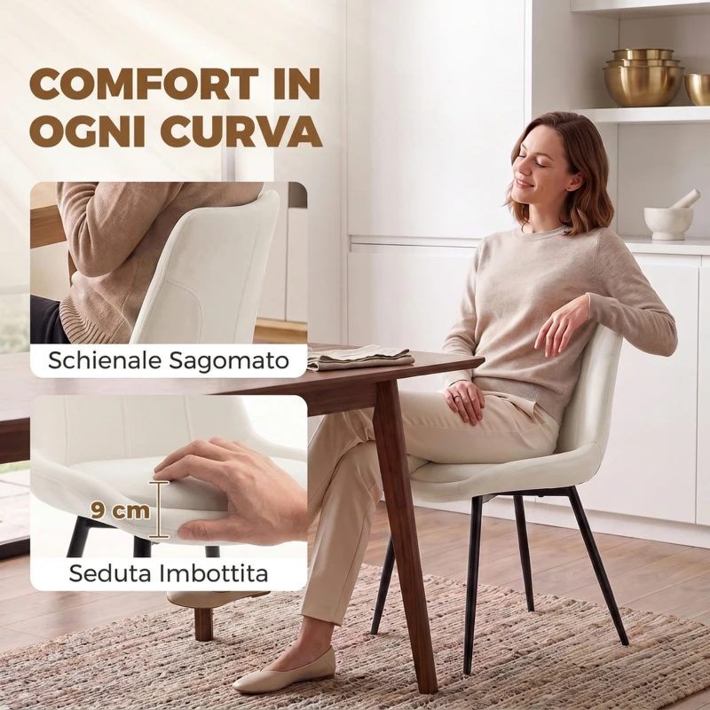 HOMCOM Set 2 Sedie da Pranzo in Velluto con Cuscino di Seduta, Crema