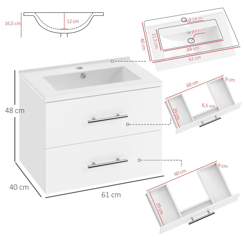 HOMCOM Mobile Bagno con Lavabo in Ceramica e 2 Cassetti, 61x40x48 cm, Bianco