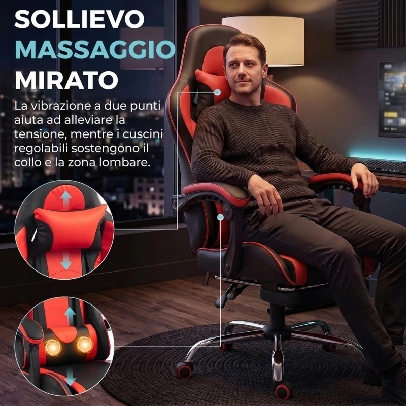 HOMCOM Sedia Gaming Ergonomica Massaggiante con Cuscino Lombare Regolabile, Finta Pelle, Poggiapiedi, Rosso