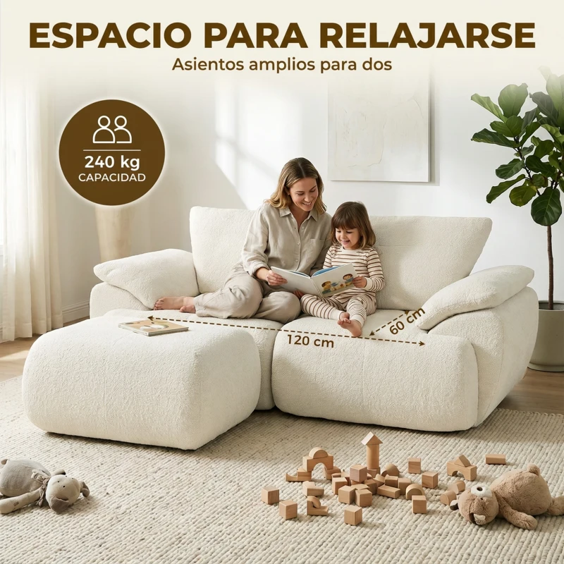 HOMCOM Sofá Modular en L de 2 Plazas con Otomana Reversible Sofá de Chenilla con Asiento Ancho No Requiere Montaje Crema