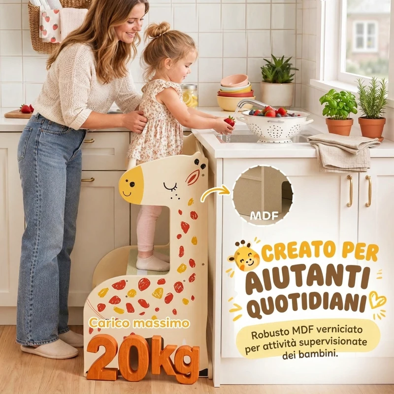 AIYAPLAY Torre Montessoriana Bambini in Legno, Antiscivolo, Barre di Sicurezza, Design a Giraffa, 3-8 Anni, Cucina, Bagno
