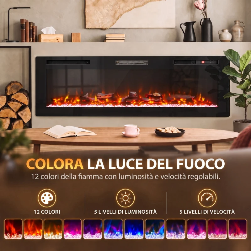 HOMCOM Camino Elettrico da Incasso, Parete e Terra Slim 173 cm con Telecomando, 900/1800W, Timer, 35㎡, Nero