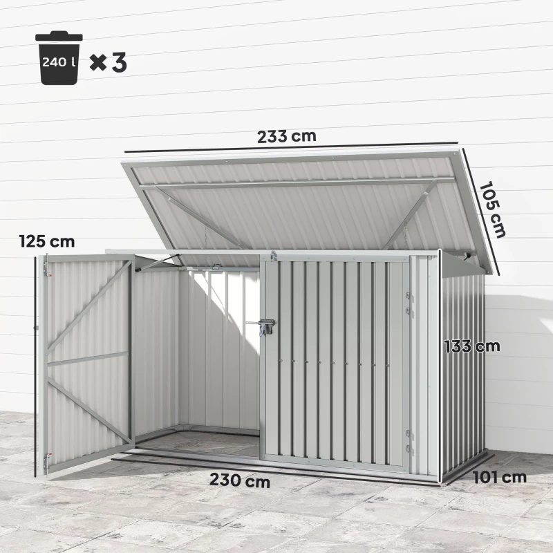 Outsunny Copribidoni in Acciaio per 3 Cassonetti da 240L con 2 Porte e Coperchio, 233x105x118.5/133 cm, Argento