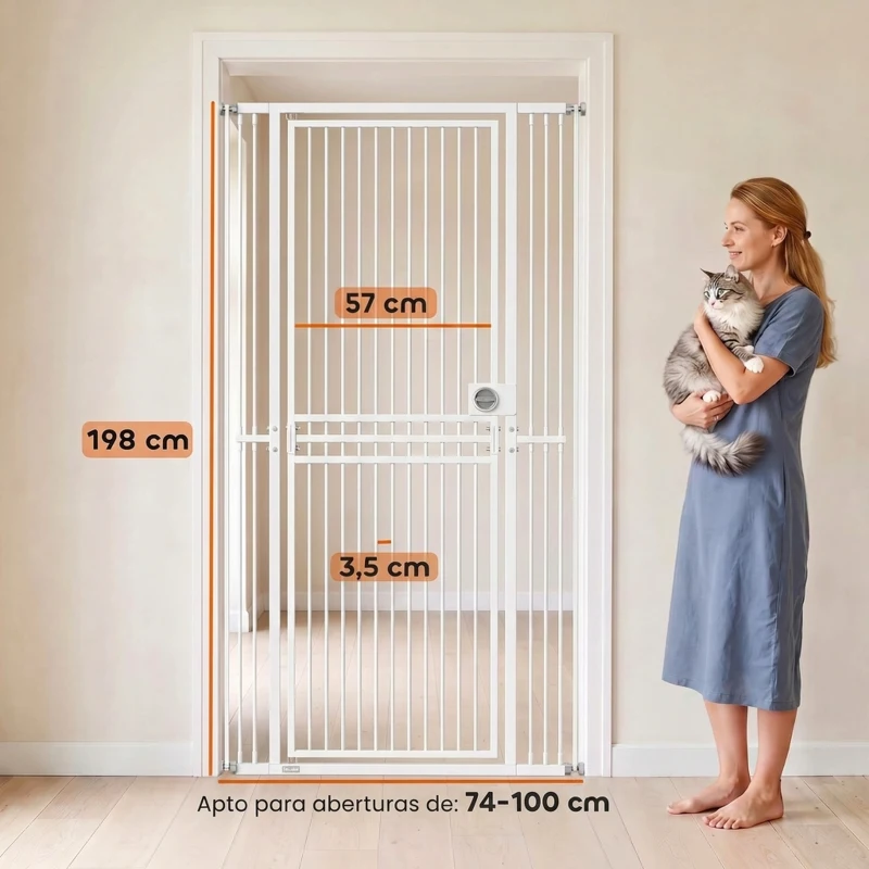 PawHut Barrera de Seguridad Perros Gatos Extra Alta 198 cm Extensible 74-100 cm para Puerta Escalera Montaje a Presión Blanco