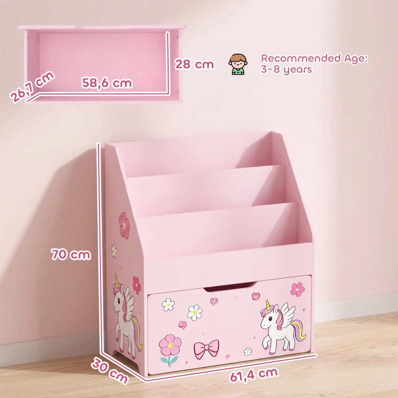AIYAPLAY Libreria per bambini con cassetto mobile, 3 ripiani, 3-8 anni, Rosa