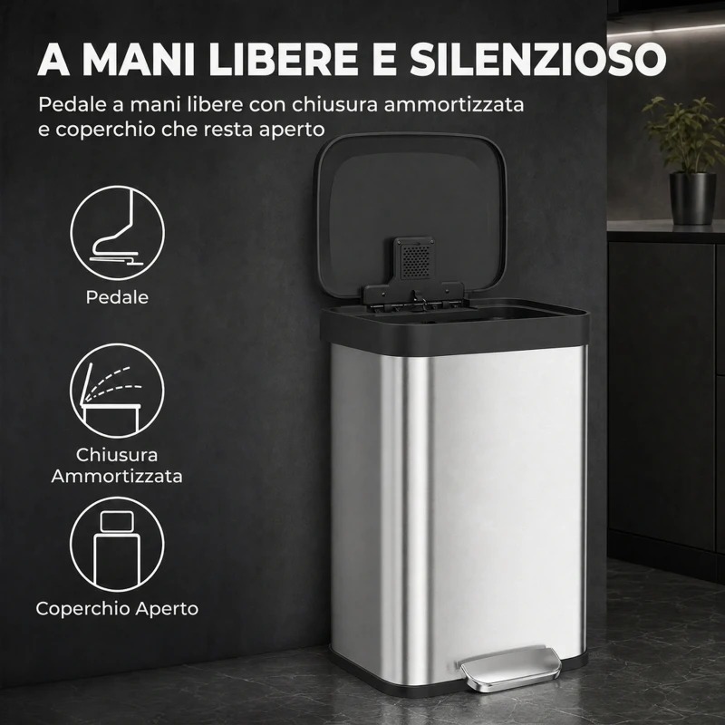 HOMCOM Pattumiera Rettangolare a Pedale 50L in Acciaio Inox con Chiusura Ammortizzata, Scomparto per Deodorante, Argento