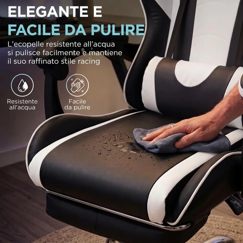 HOMCOM Sedia Gaming Ergonomica Massaggiante con Cuscino Lombare Regolabile, Finta Pelle, Poggiapiedi, Bianco