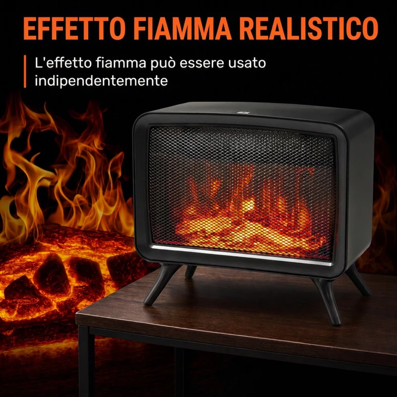 HOMCOM Caminetto Elettrico da Tavolo 800W/1600W con Base Rimovibile, Effetto Fiamma LED, 25㎡, Nero
