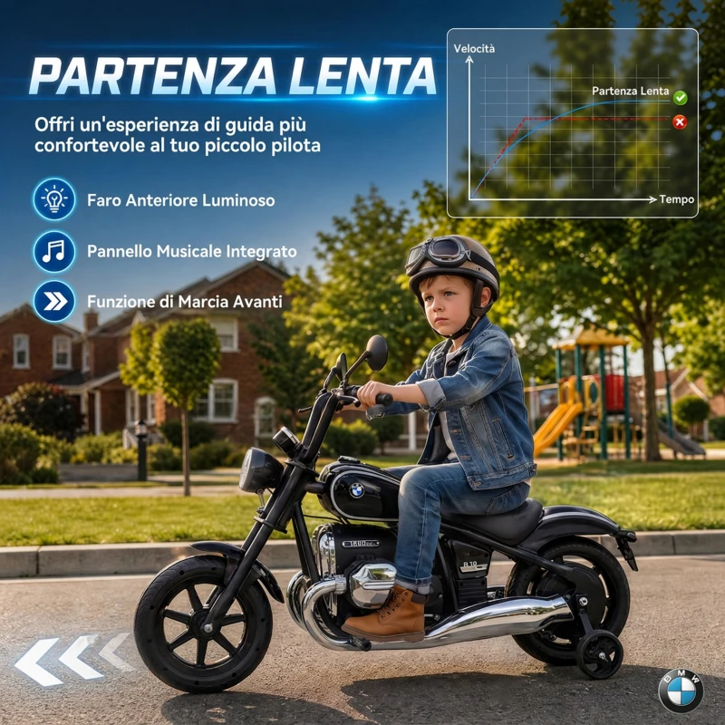 AIYAPLAY Moto Elettrica per Bambini 12V BMW R18, Batteria al Litio, 3-8 Anni, Rotelle Rimovibili, Faro, Musica, Nera