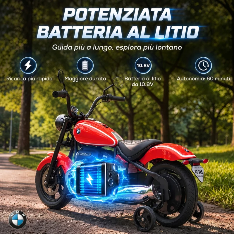 AIYAPLAY Moto Elettrica per Bambini 12V BMW R18, Batteria al Litio, 3-8 Anni, Rotelle Rimovibili, Faro, Musica, Rossa