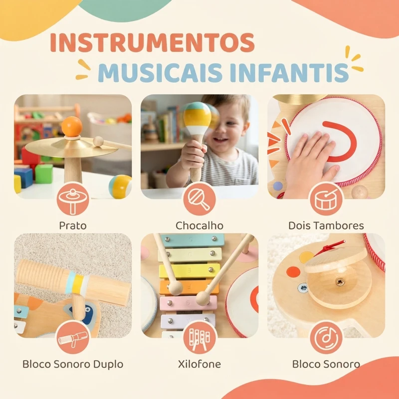 AIYAPLAY Bateria Infantil de Madeira Montessori com Xilofone, Prato, Maraca e Bloco Sonoro, Presente para Criança, 18 Meses-6 Anos