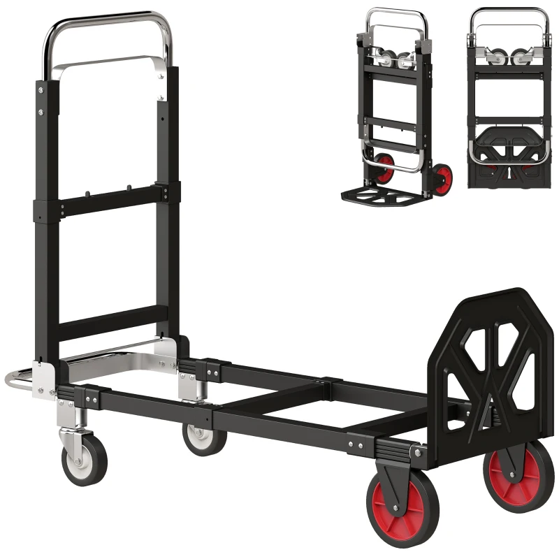 HOMCOM Diable Pliable 2 en 1 Extensible 220KG Pliage Plat Chariot Plateforme Acier Poignée Réglable Roues 360° 112x41x92cm Noir