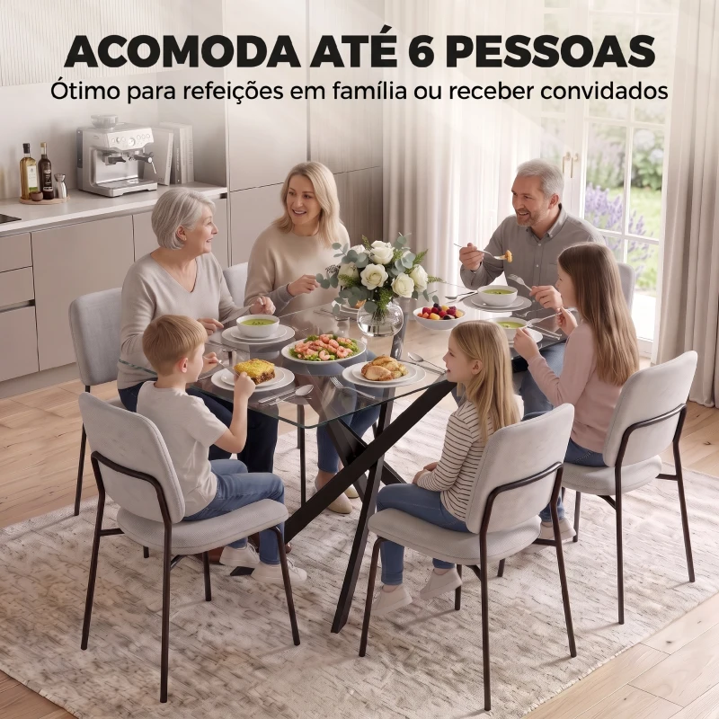 HOMCOM Mesa de Jantar Moderna para 6 Pessoas, Mesa de Cozinha com Tampo em Vidro 120x65 cm, Transparente e Preto