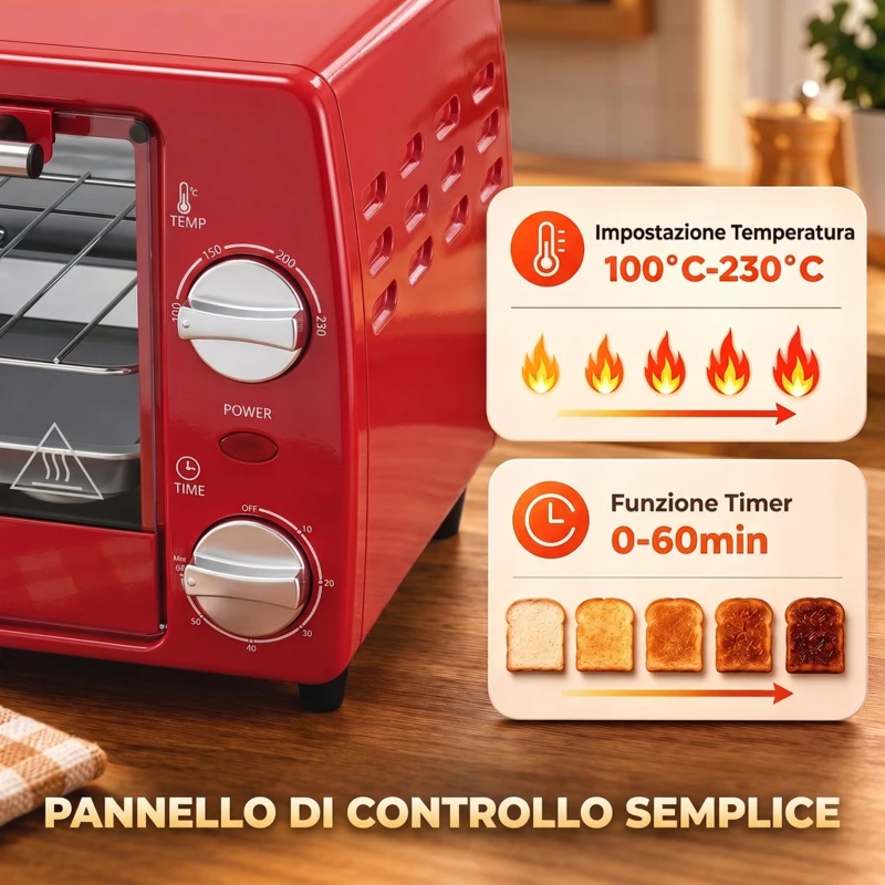 HOMCOM Fornetto Elettrico 10L da 750W con Temperatura Regolabile e Timer, 36.5x26x22 cm, Rosso