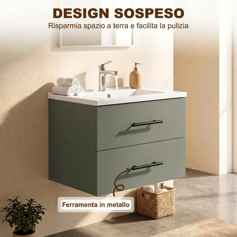 HOMCOM Mobile Bagno con Lavabo in Ceramica e 2 Cassetti, 61x40x48 cm, Verde