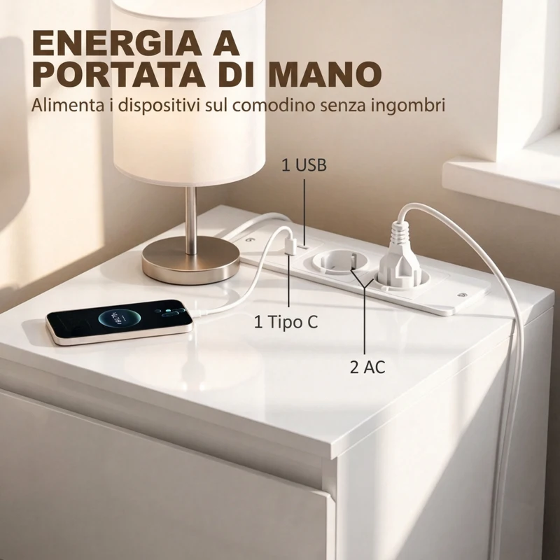 HOMCOM Set di 2 Comodini Stretti con Stazione di Ricarica e 3 Cassetti, Bianco Lucido
