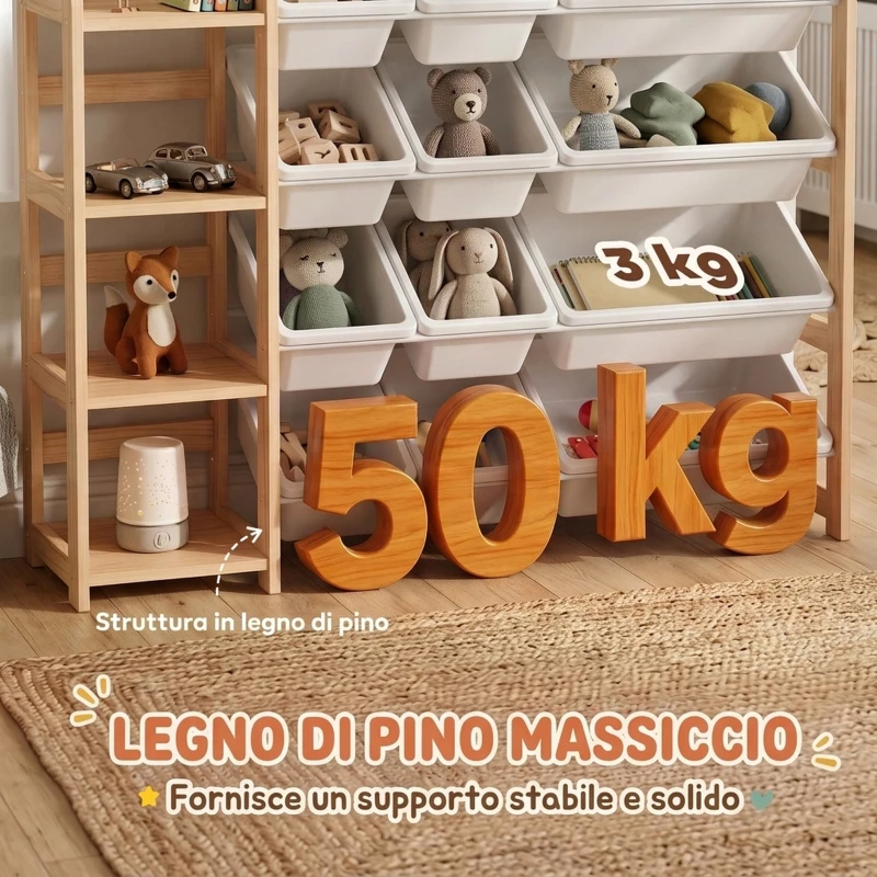 AIYAPLAY Mobile Portagiochi Con 12 Contenitori e 3 Mensole, Legno Naturale Bianco