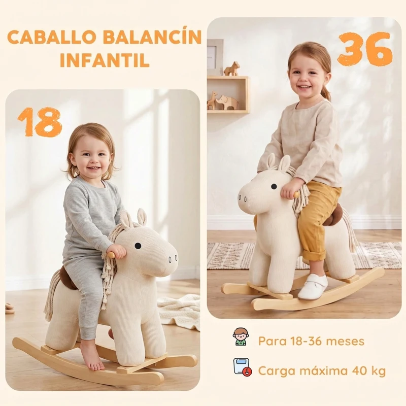 AIYAPLAY Caballito Balancín para Bebés con Sonidos de Cascos y Relinchos Base de Madera Tapizado en Pana 18 a 36 Meses Blanco