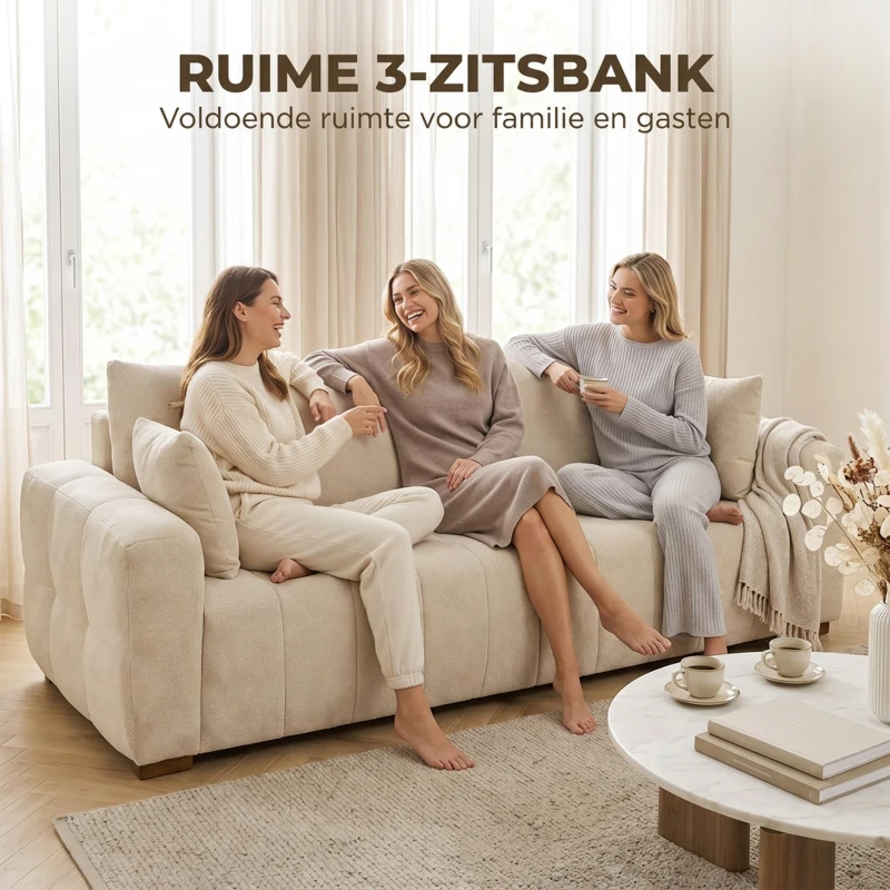 HOMCOM 3-zitsbank met armleuningen tot op de vloer, gevoerde woonkamerbank, houten poten, crèmewit