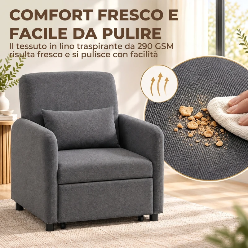HOMCOM Poltrona Letto 3 in 1 Estraibile con Schienale Regolabile