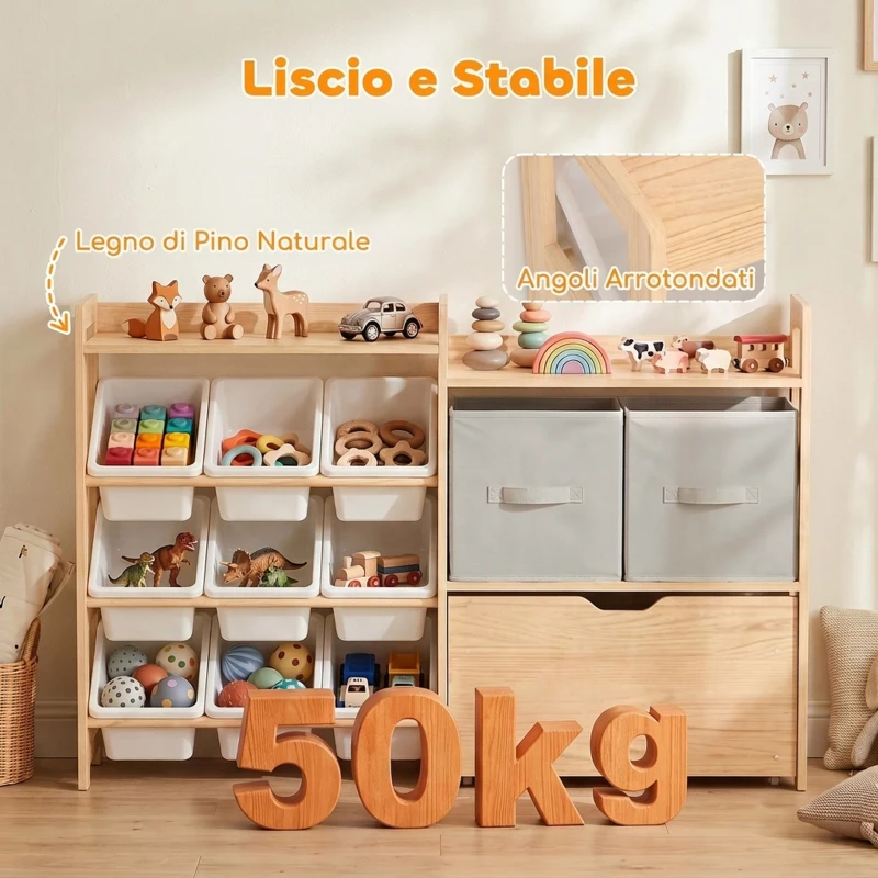 AIYAPLAY Mobile Giochi Bambini con 9 Contenitori, Libreria Montessoriana in Legno Naturale Bianco