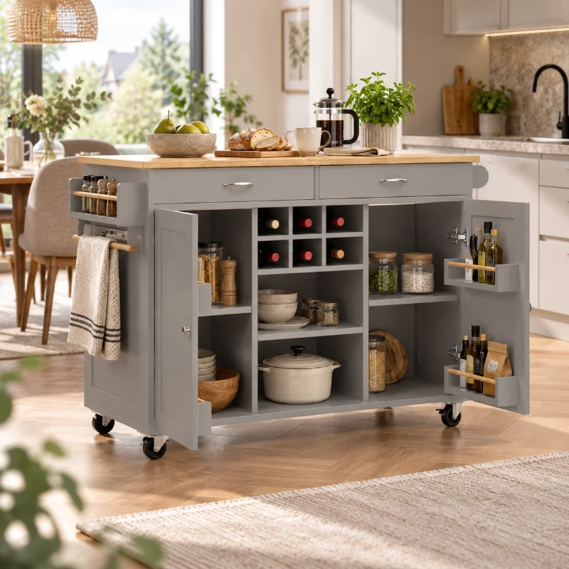 Moderne keukeneiland, multifunctionele keukenwagen met verstelbare vakken en uitneembaar wijnrek, 360° zwenkwielen met rem, 102×45×92 cm, grijs
