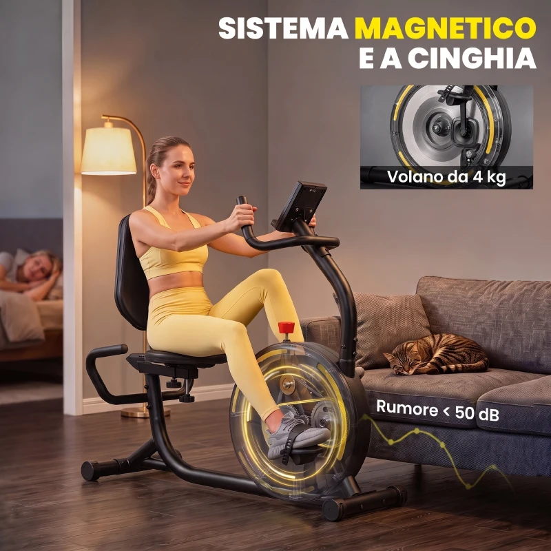 SPORTNOW Cyclette Orizzontale Magnetica Con Schienale E Monitor LCD e Bluetooth, Nero