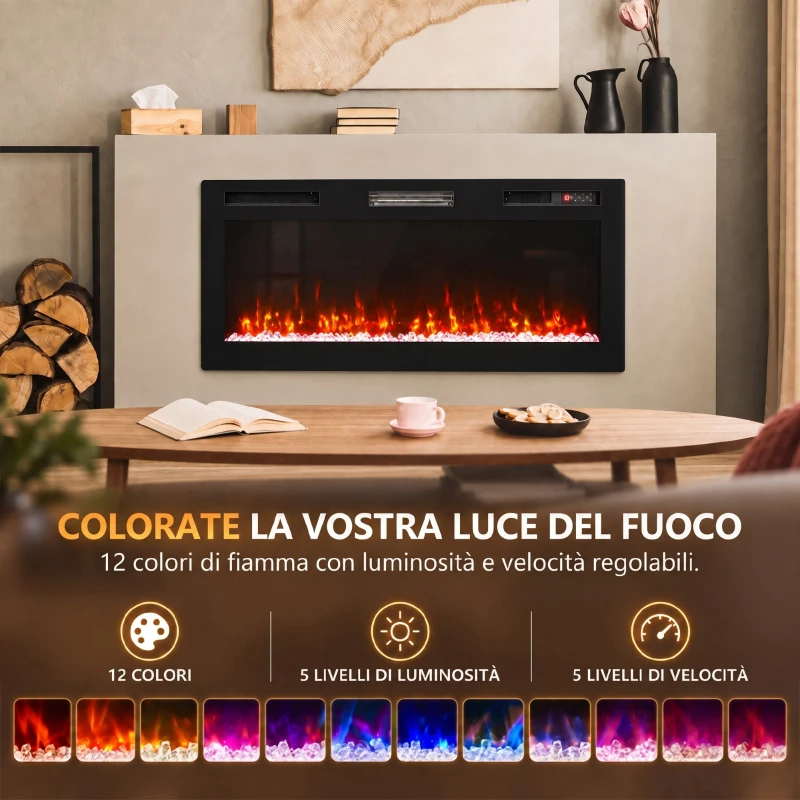 HOMCOM Camino Elettrico da Incasso, Parete e Terra Slim 102 cm con Telecomando, 900/1800W, Timer, 35㎡ Nero