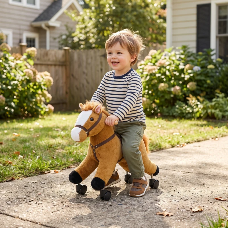 AIYAPLAY Cavallo Cavalcabile per Bambini con Suoni Realistici, Ruote Scorrevoli, Carico 50kg, 18-36 Mesi, Marrone