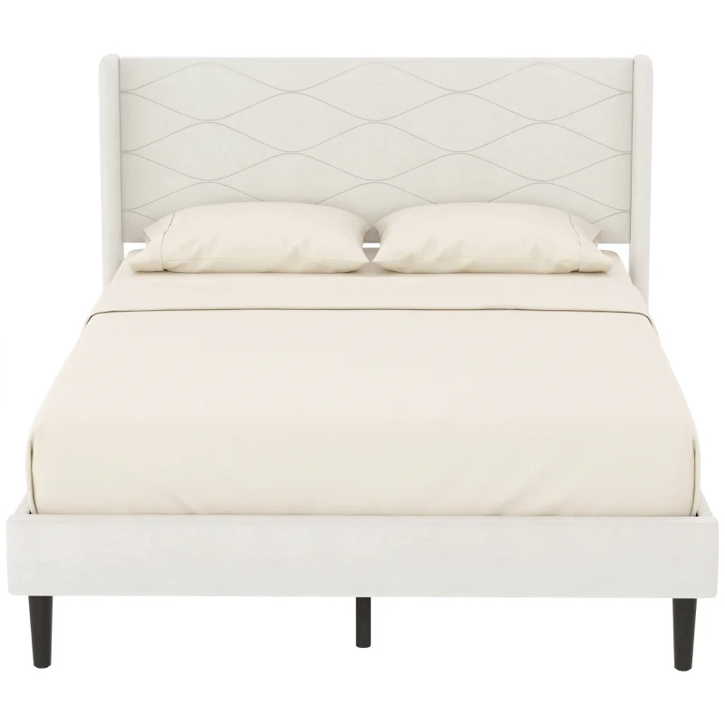 HOMCOM Cama Estofada 140x200 cm com Cabeceira Acolchoada com Abas em Veludo, Ripas de Madeira, Montagem Fácil, Bege