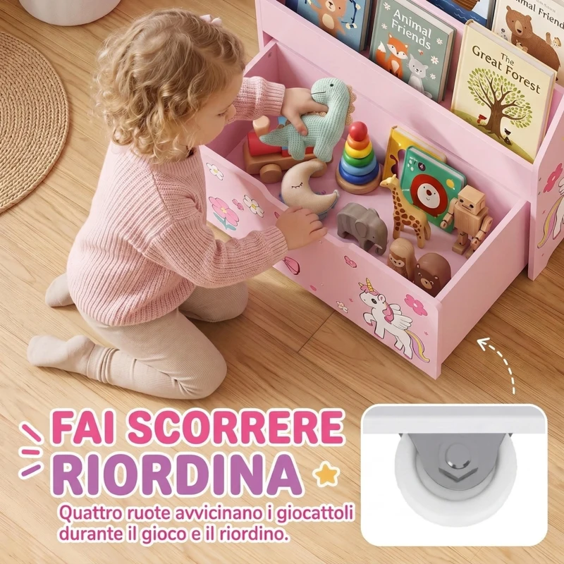 AIYAPLAY Libreria per bambini con cassetto mobile, 3 ripiani, 3-8 anni, Rosa