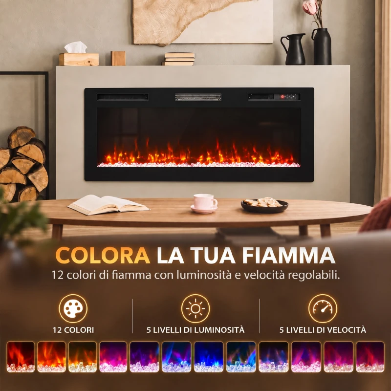 HOMCOM Camino Elettrico da Incasso, Parete e Terra Slim 127 cm con Telecomando, 900/1800W, Timer, 35㎡, Nero