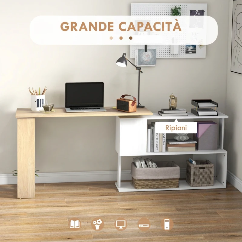HOMCOM Scrivania Angolare con Piano Girevole a 360° e 5 Ripiani, 120x110x74.5 cm, Color Legno, Bianco