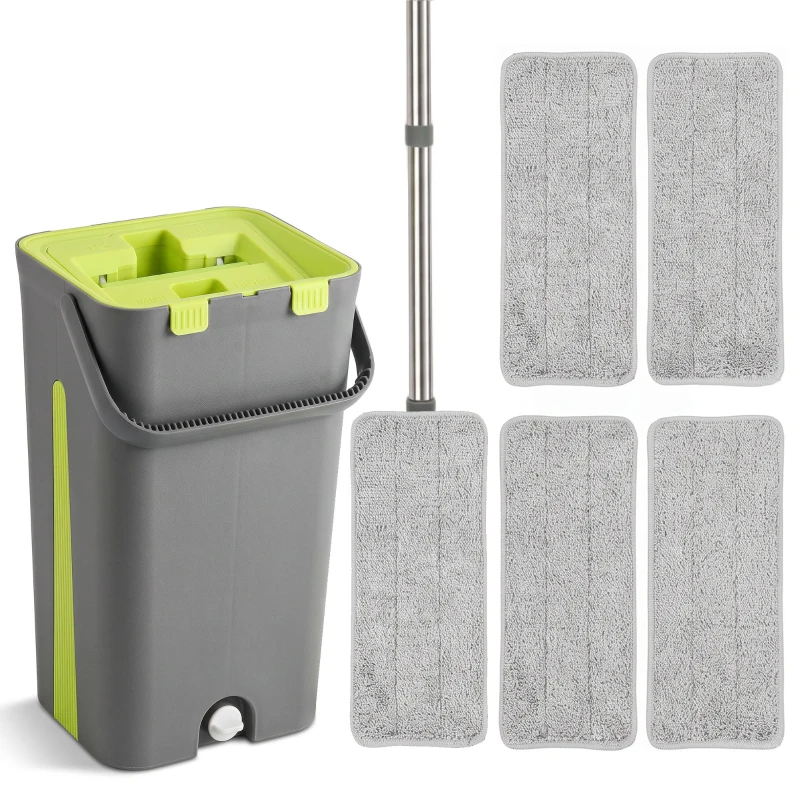 HOMCOM Mop and Bucket Set, Compact Flat Mop System with Wringer, 2 Chambers, 5 Reusable Pads, Dark Grey and Green