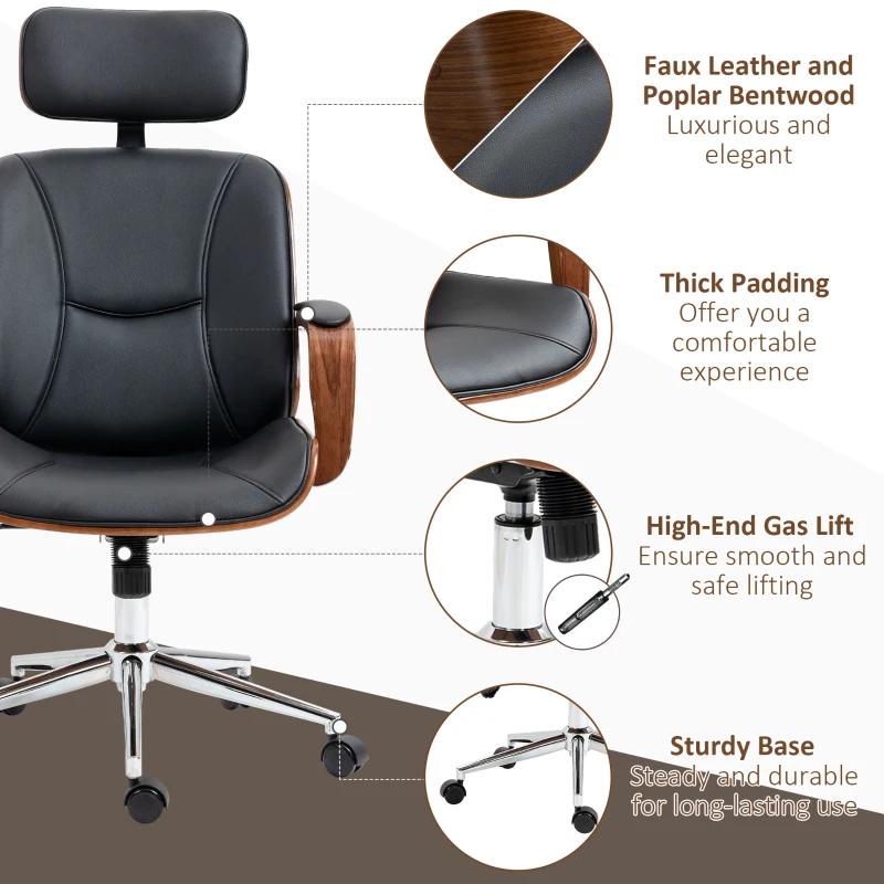 Vinsetto Office chair, office chair with removable headrest height adjustable and tilt function, 66x65x125cm, black