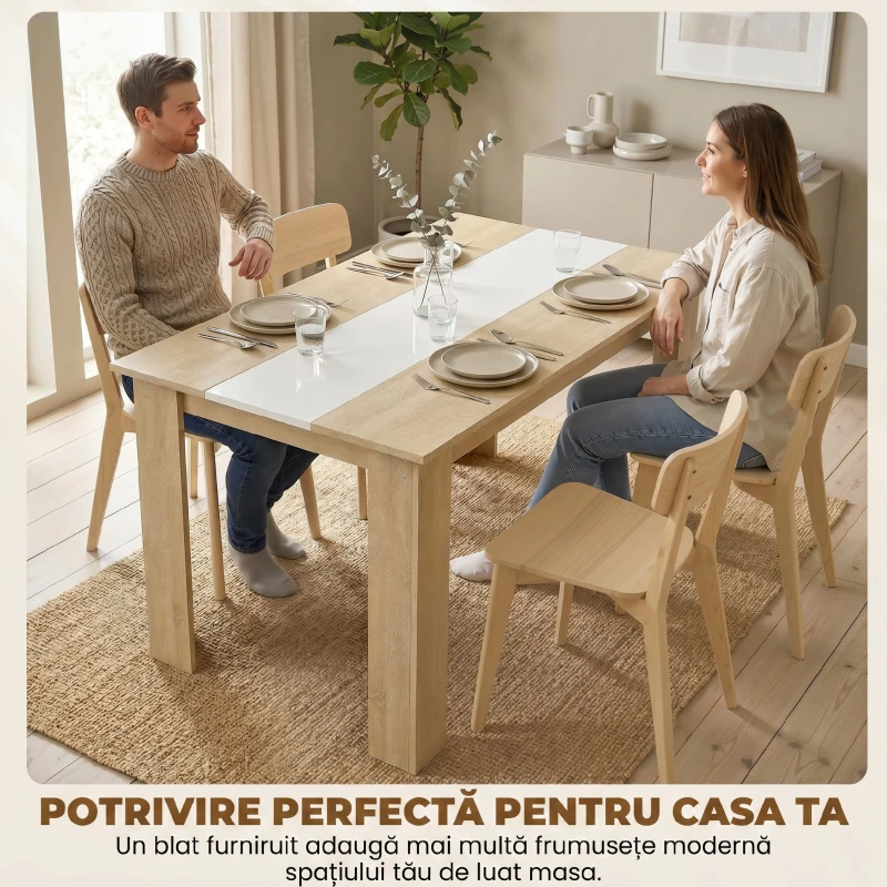 HOMCOM Masă de Dining Modernă 4-6 Locuri din Lemn pentru Living și Bucătărie, 120x69x75 cm, Alb și Lemn Natur