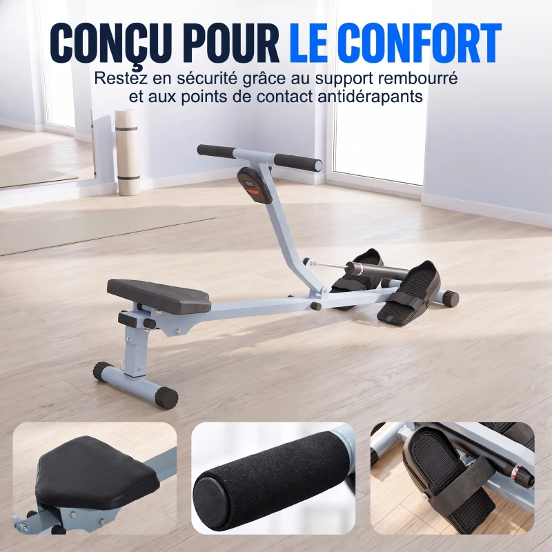 HOMCOM Rameur Hydraulique à 12 Niveaux de Résistance, Rameur d'Appartement avec Écran LCD, Pédale Antidérapante, Charge 100 kg, pour Maison, Salle de Gym, l'Équipement d'Entraînement d'Intérieur, Noir(m-7)