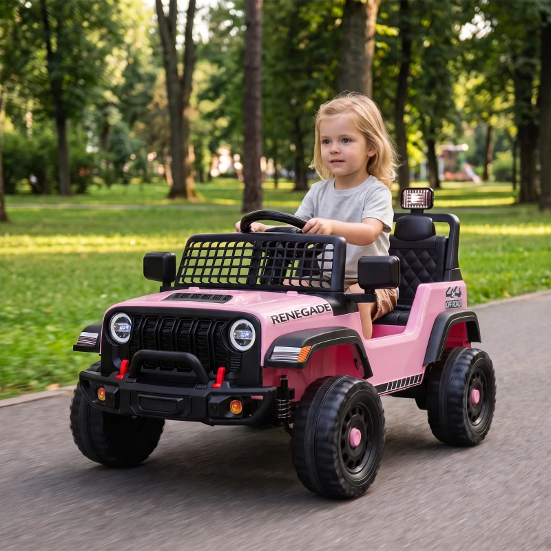 AIYAPLAY Fuoristrada Elettrica per Bambini 12V, Batteria al Litio, 2 Motori, Sospensioni, Telecomando, 2-4 Anni, Rosa