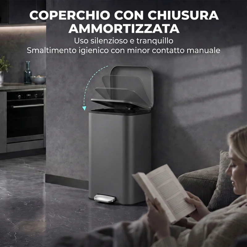 HOMCOM Pattumiera Rettangolare a Pedale 30L con Secchio Interno Rimovibile, Chiusura Ammortizzata e Manico, Grigio Scuro