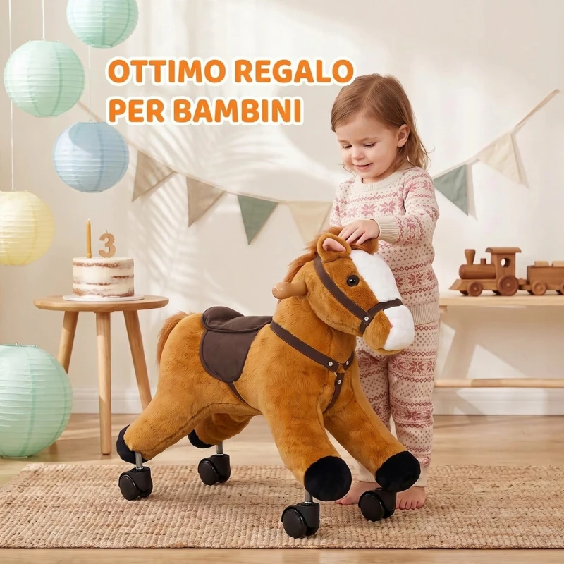 AIYAPLAY Cavallo Cavalcabile per Bambini con Suoni Realistici, Ruote Scorrevoli, Carico 50kg, 18-36 Mesi, Marrone