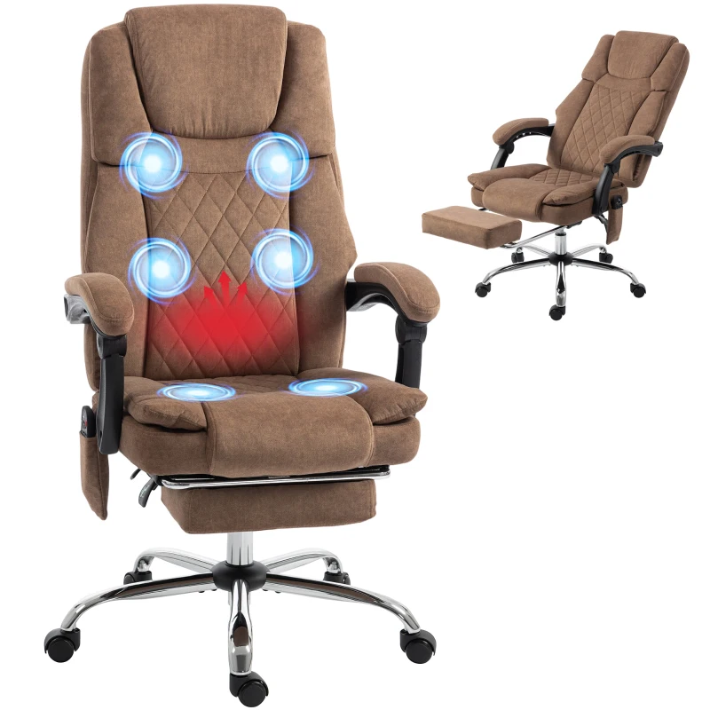 HOMCOM Fauteuil Bureau Massant Vibrant et Chauffant, Chaise Bureau Ergonomique en Velours Imprimé, Dossier Inclinable, Marron