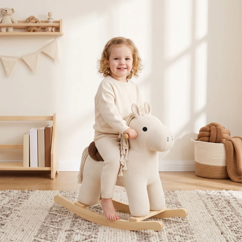 AIYAPLAY Cavallo a Dondolo per Bambini 18-36 Mesi in Velluto a Coste con Suoni e Base in Legno di Pioppo, Bianco