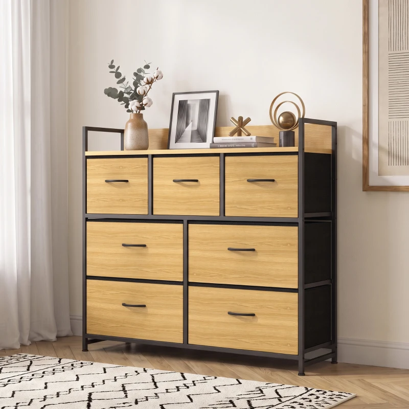 HOMCOM Cajonera de Tela Cómoda de Dormitorio con 7 Cajones Estructura de Acero para Sala de Estar Pasillo Roble