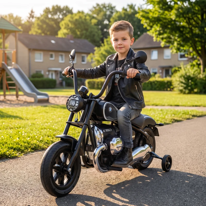 AIYAPLAY Moto Elettrica per Bambini 12V BMW R18, Batteria al Litio, 3-8 Anni, Rotelle Rimovibili, Faro, Musica, Nera