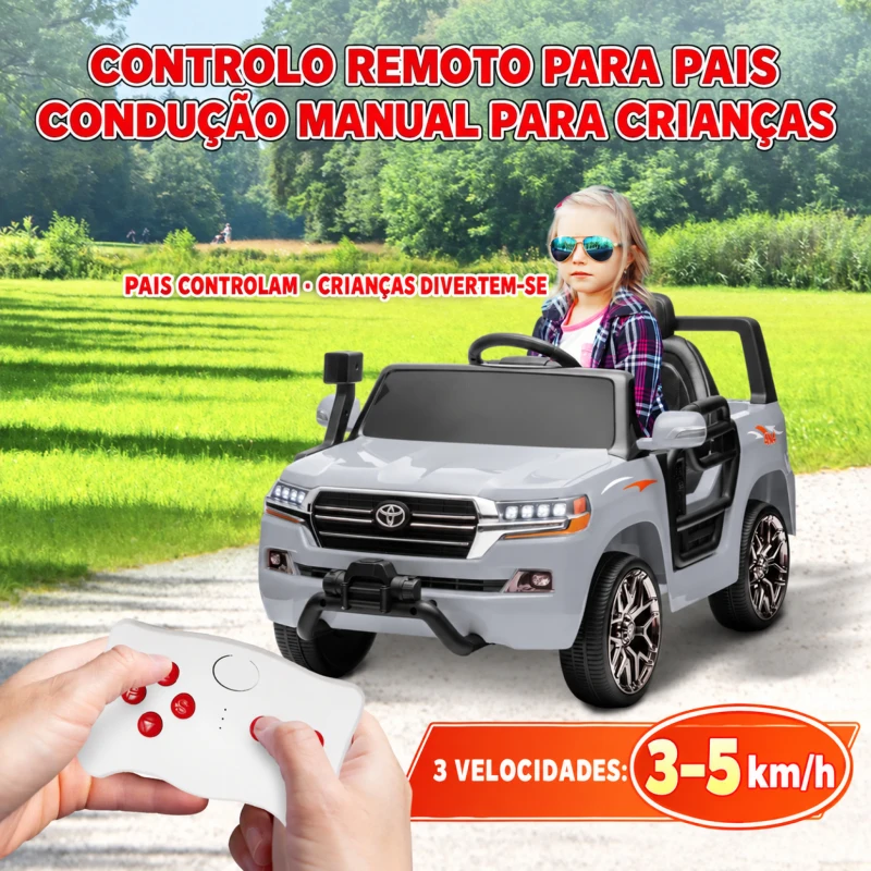 AIYAPLAY Carro Elétrico para Crianças Toyota Land Cruiser 12V com Faróis Buzina Arranque Lento e Música MP3 107x65x55,5 cm Cinza