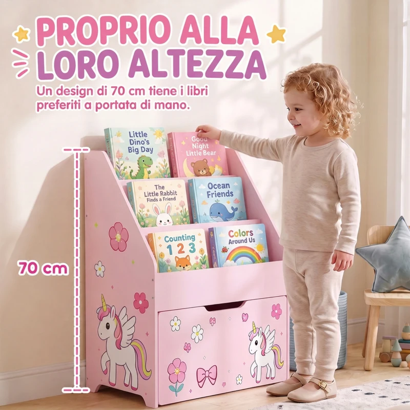 AIYAPLAY Libreria per bambini con cassetto mobile, 3 ripiani, 3-8 anni, Rosa